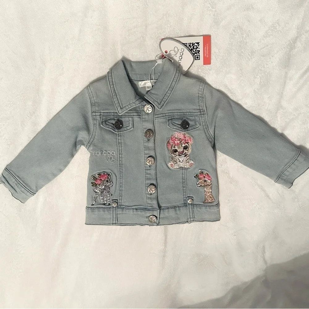 Limonada Girls Embroidered Denim Jean Jacket Baby 9M Safari Animals Flower NWT